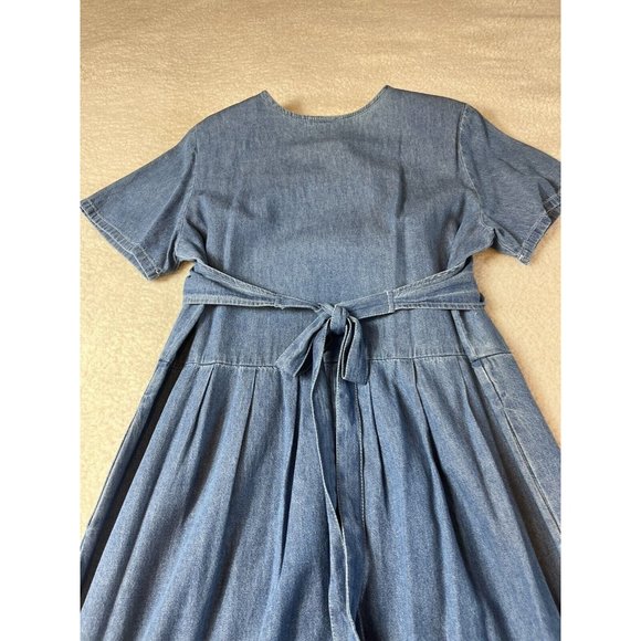 Vintage Farmhouse Cottage Core Modest Denim Maxi Dress Embroidered Vest LARGE - Picture 5 of 8